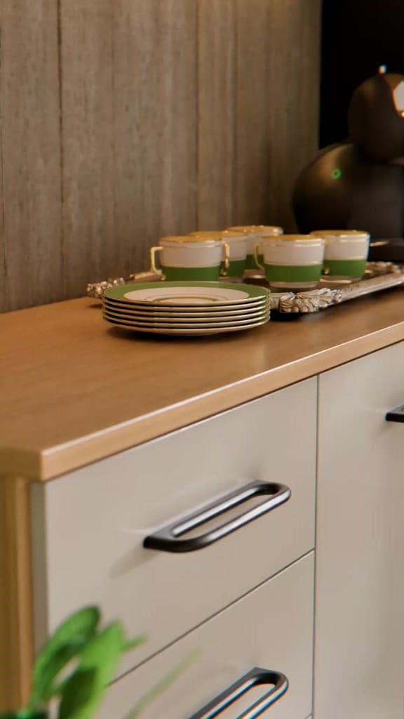 Armário de Cozinha Eliza com Balcão Aéreo 3 Gavetas Telescópicas Ripado 3D MDF MDP Moderno Compacto