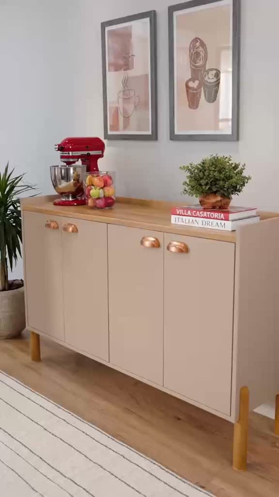 Buffet Aparador Chicago 4 ou 3 Portas Hall de Entrada Puxador Concha 2 Prateleiras Decoração Sala Cozinha