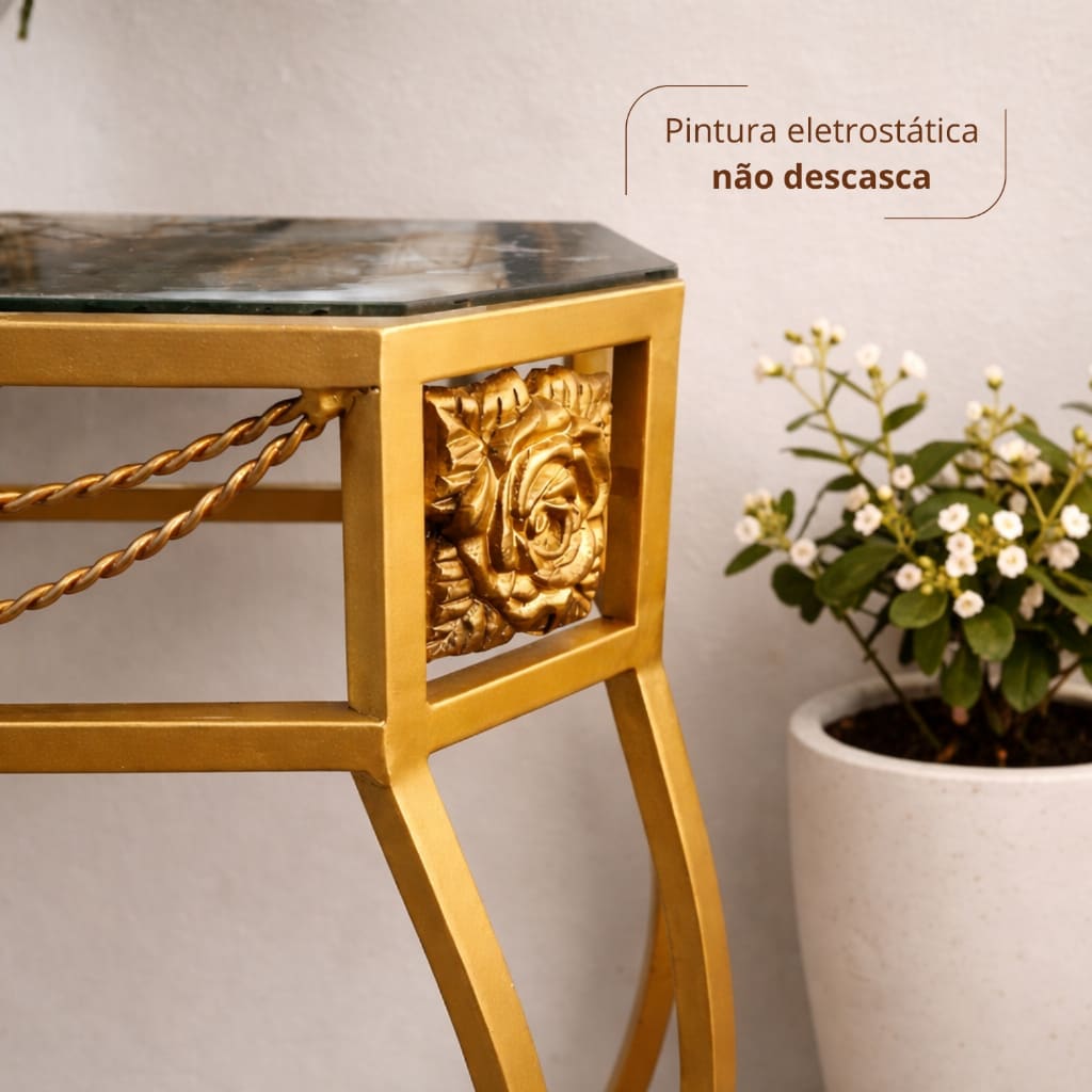 Mesa Aparador de Ferro Dourado com Vidro Decorativo Luxo Sala Hall Cantinho do Café