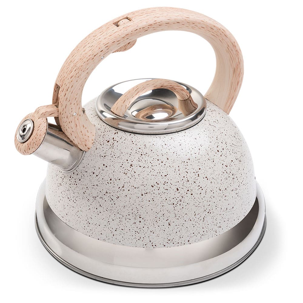 Chaleira Inox Apito Roma 2,7L Vanilla Fundo Indução Cabo Madeira Antitérmico Chá Café Água Brinox